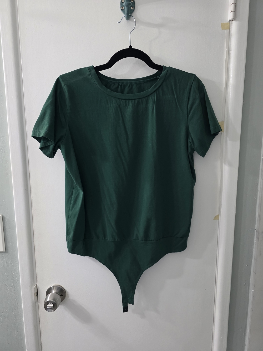 Crew Neck Short Sleeve Dark Green Thong T-shirt Bodysuit